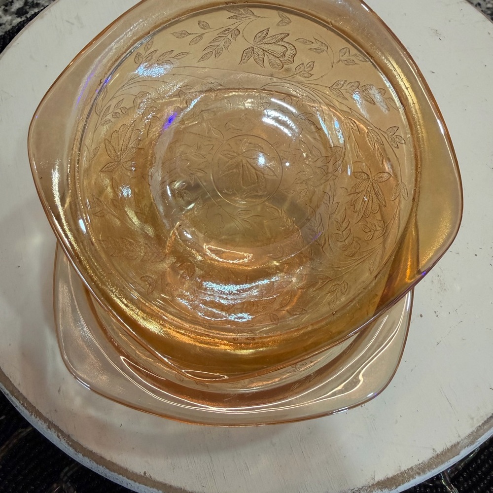 Vintage Jeannette Glass Floragold Louisa- marigold iridescent finish-2